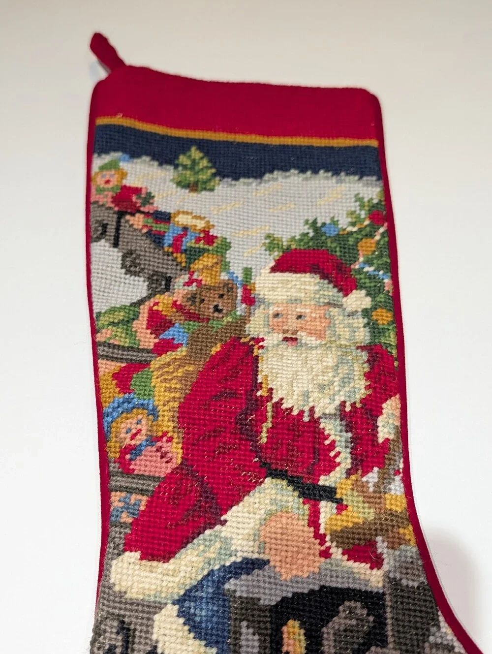 Vintage Handmade Needlepoint Christmas Stocking - Santa On Train